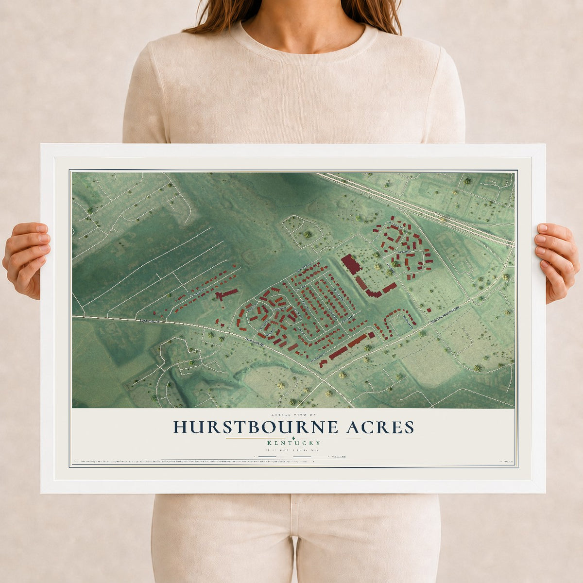 Map of Hurstbourne Acres, Kentucky, 12 x 18 inch print in a white wood frame