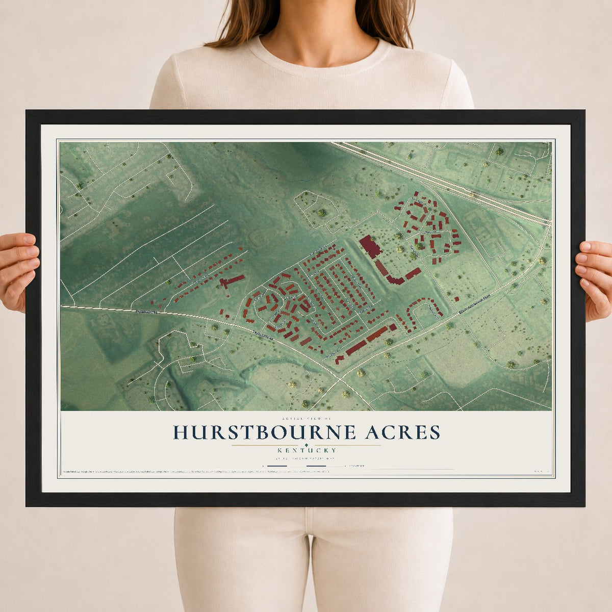 Map of Hurstbourne Acres, Kentucky, 18 x 24 inch print in a black wood frame
