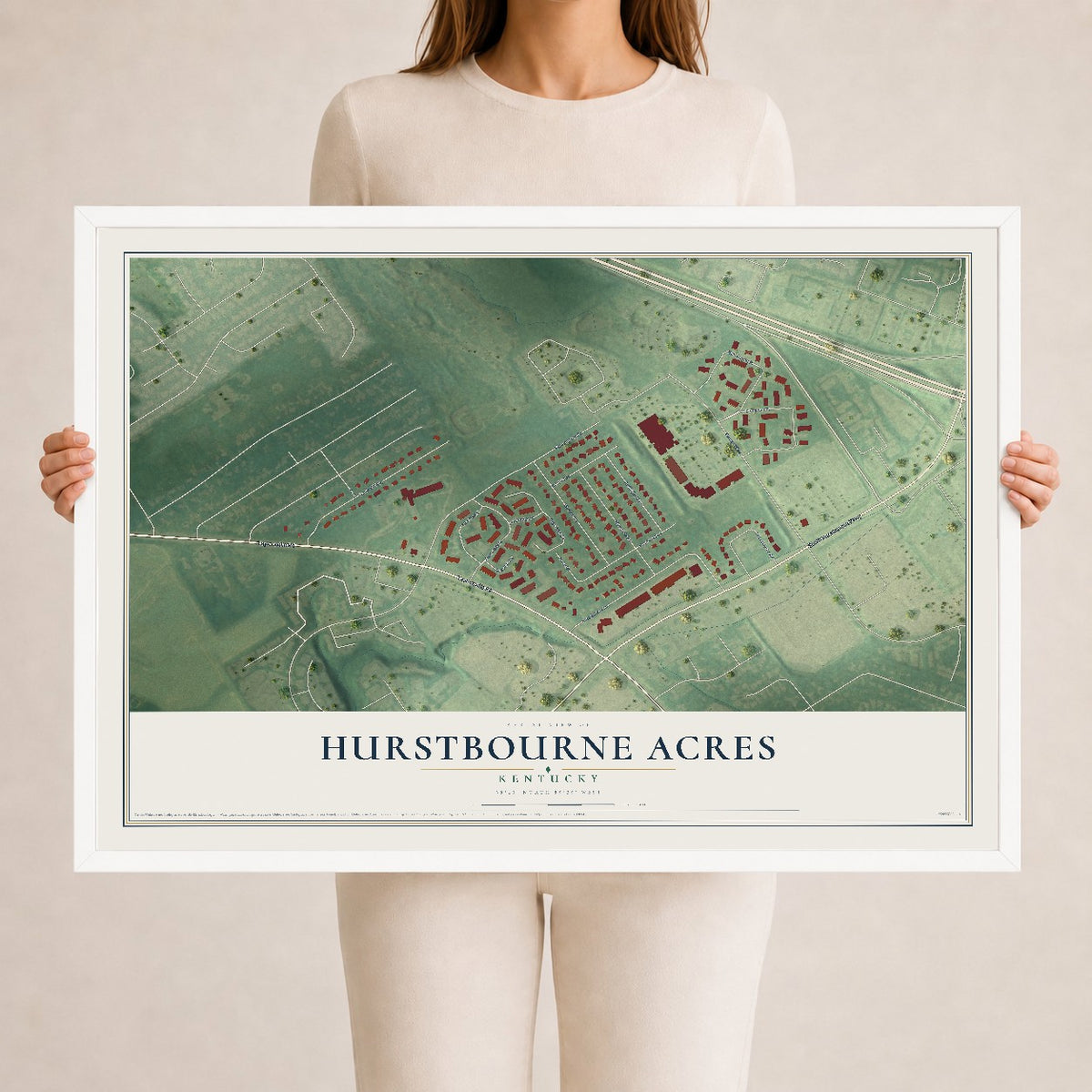 Map of Hurstbourne Acres, Kentucky, 24 x 36 inch print in a white wood frame