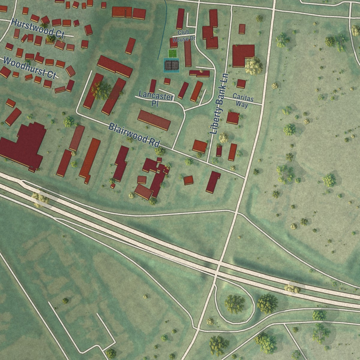 Second close-up of the map of Hurstbourne, Kentucky print showing more streets and buildings