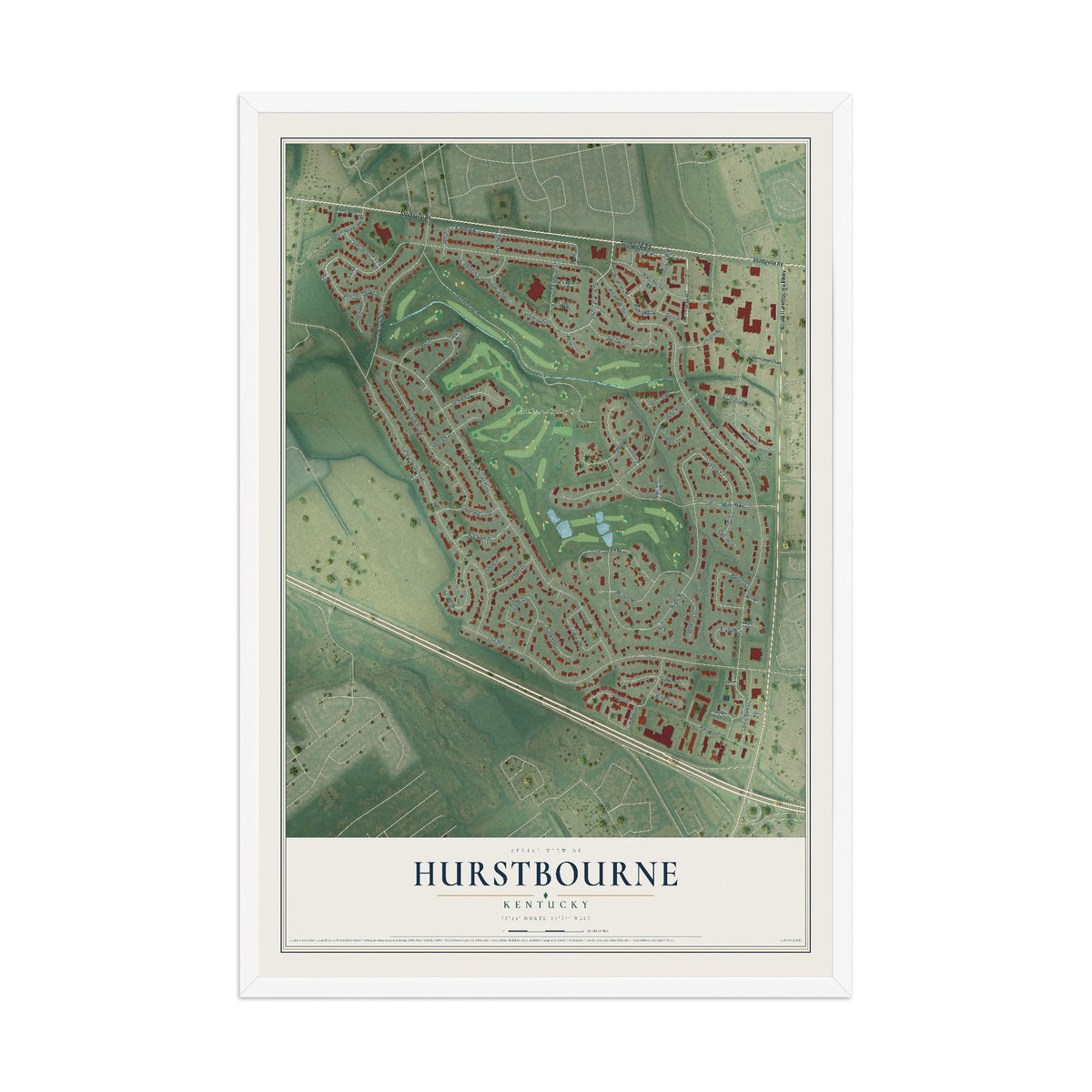 Map of Hurstbourne, Kentucky, 12 x 18 inch print in a white wood frame