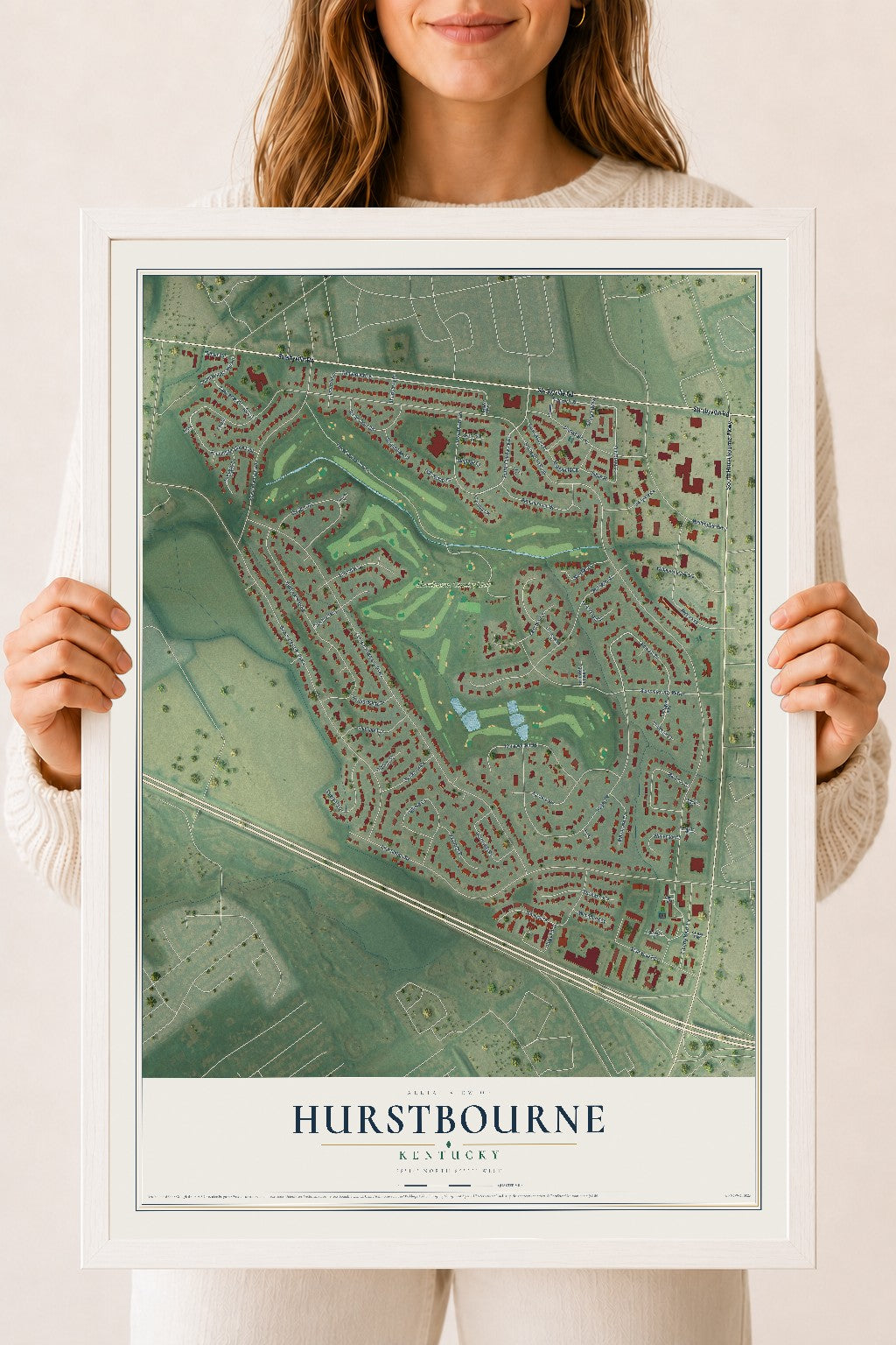 Map of Hurstbourne, Kentucky, 18 x 24 inch print in a white wood frame