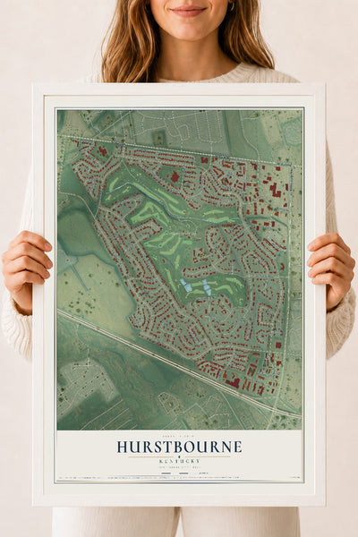 Map of Hurstbourne, Kentucky, 18 x 24 inch print in a white wood frame