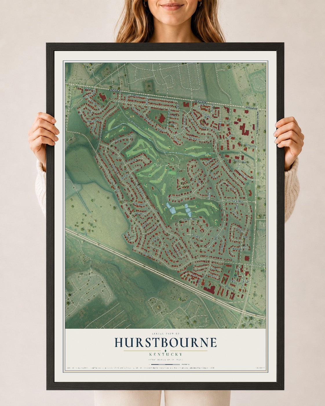 Map of Hurstbourne, Kentucky, 24 x 36 inch print in a black wood frame