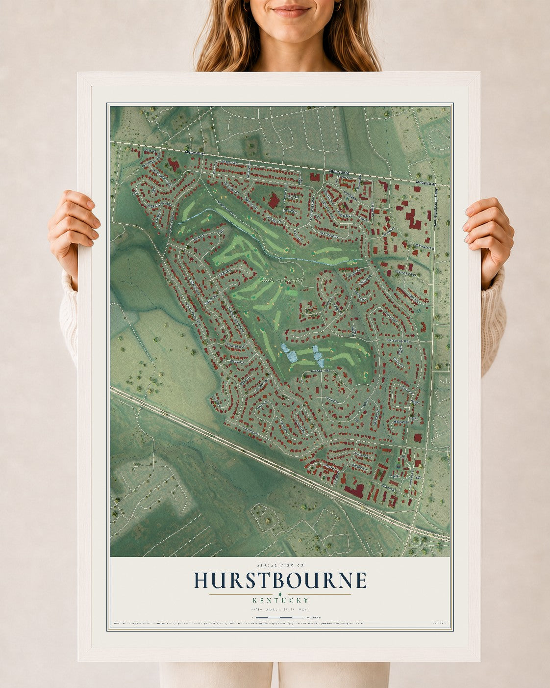 Map of Hurstbourne, Kentucky, 24 x 36 inch print in a white wood frame
