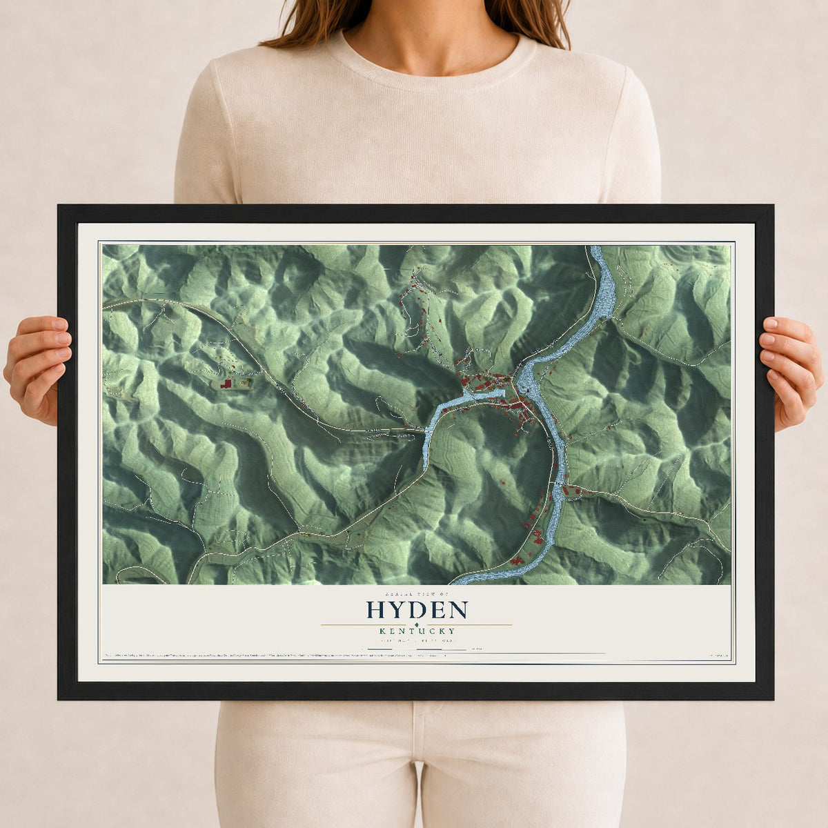 Map of Hyden, Kentucky, 12 x 18 inch print in a black wood frame