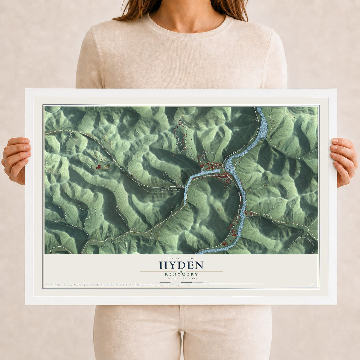 Map of Hyden, Kentucky, 12 x 18 inch print in a white wood frame