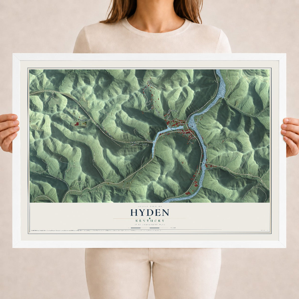 Map of Hyden, Kentucky, 18 x 24 inch print in a white wood frame