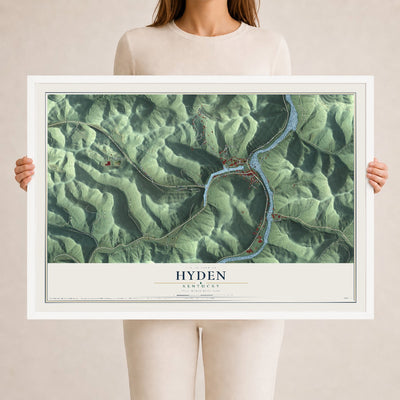 Map of Hyden, Kentucky, 24 x 36 inch print in a white wood frame