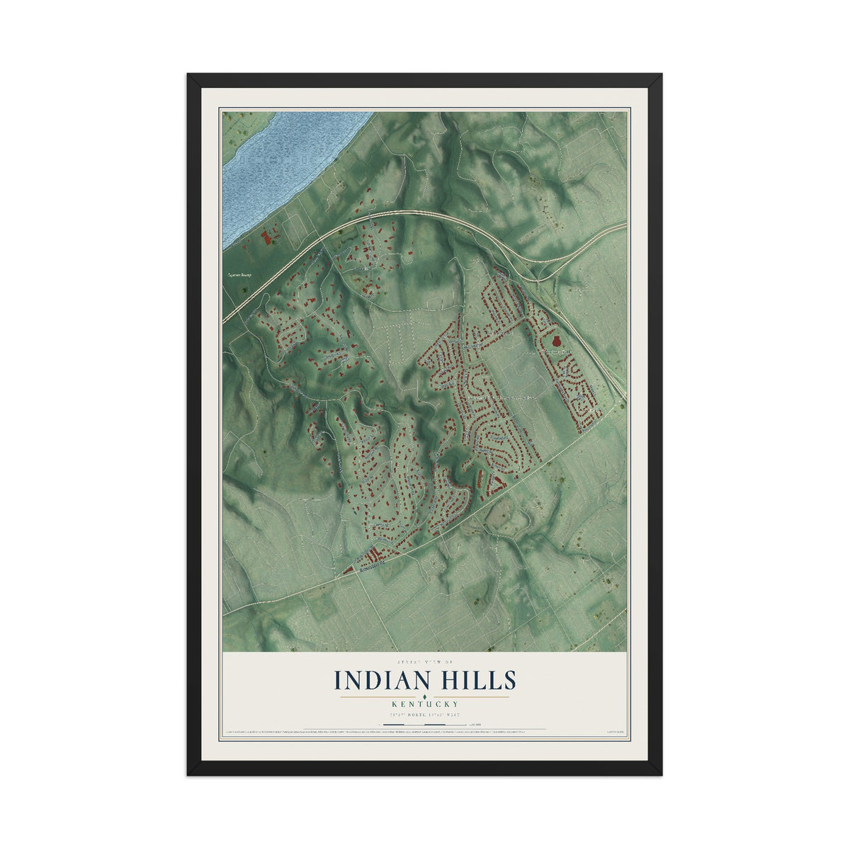 Map of Indian Hills, Kentucky, 12 x 18 inch print in a black wood frame
