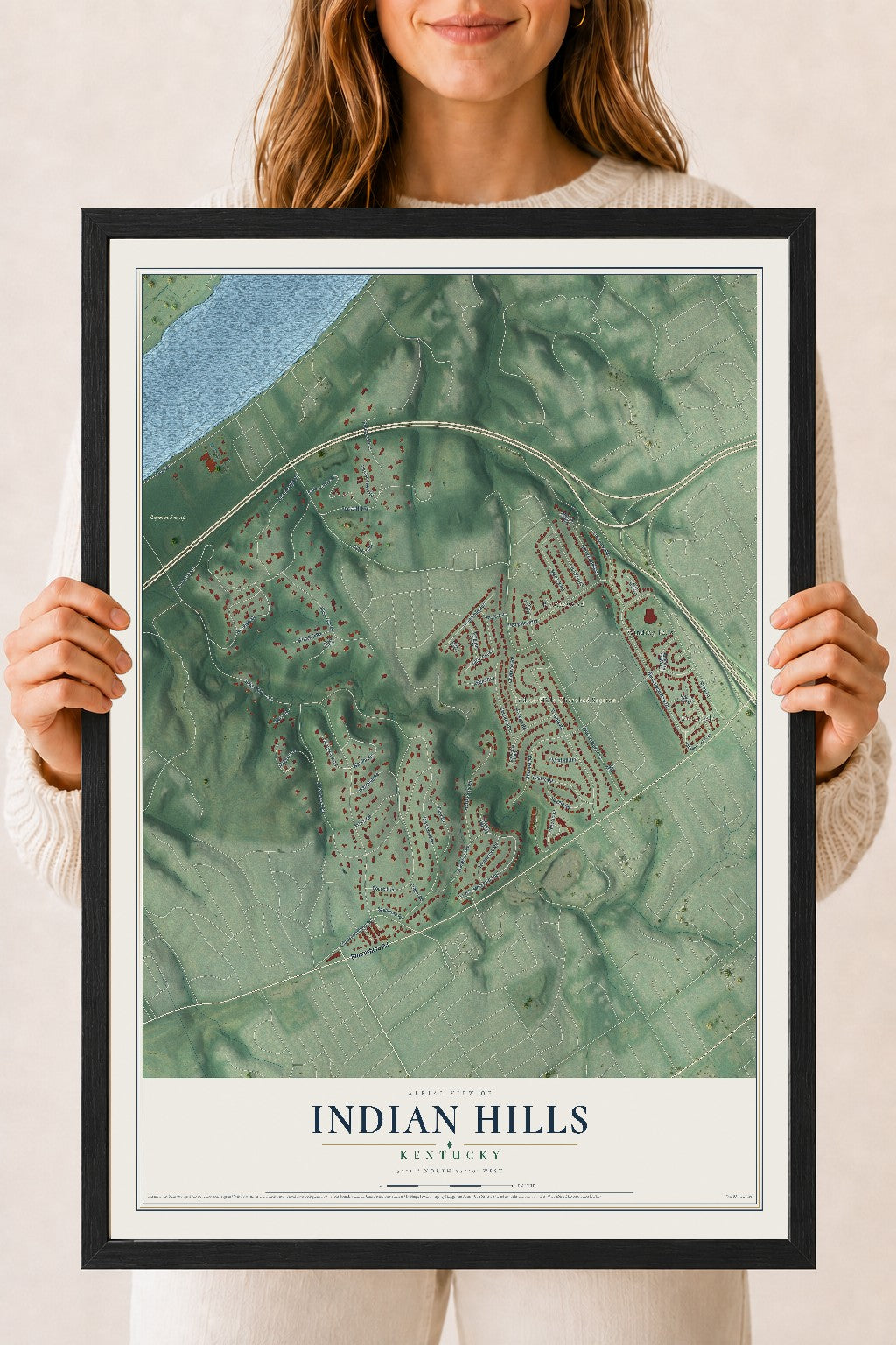 Map of Indian Hills, Kentucky, 18 x 24 inch print in a black wood frame