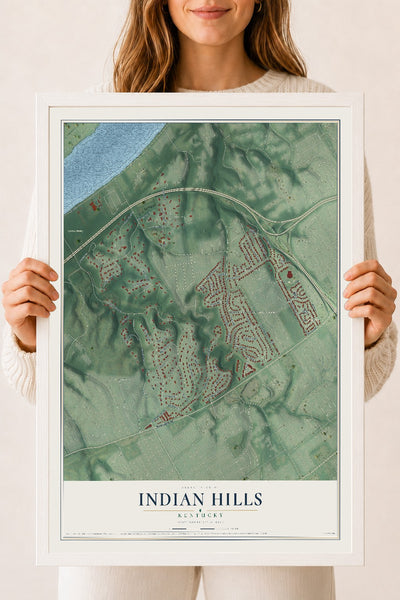 Map of Indian Hills, Kentucky, 18 x 24 inch print in a white wood frame