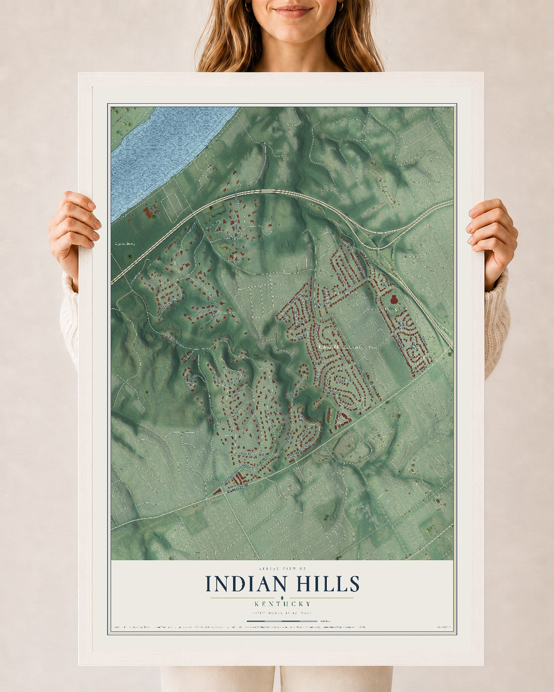 Map of Indian Hills, Kentucky, 24 x 36 inch print in a white wood frame