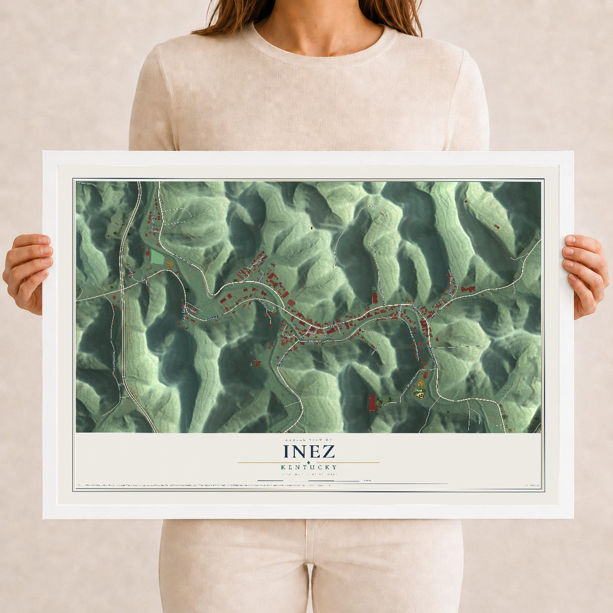 Map of Inez, Kentucky, 12 x 18 inch print in a white wood frame