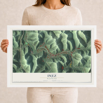 Map of Inez, Kentucky, 12 x 18 inch print in a white wood frame