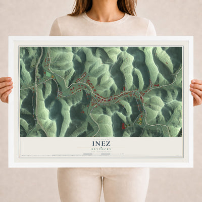 Map of Inez, Kentucky, 18 x 24 inch print in a white wood frame