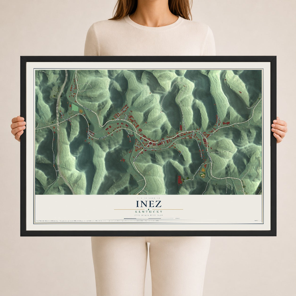Map of Inez, Kentucky, 24 x 36 inch print in a black wood frame