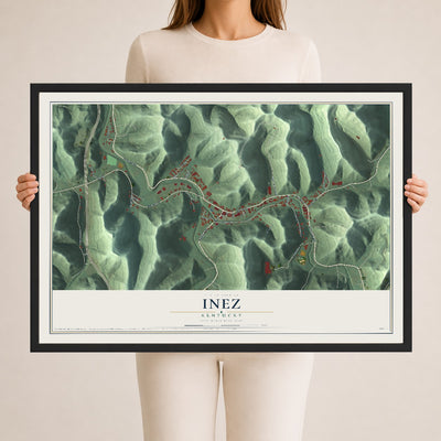 Map of Inez, Kentucky, 24 x 36 inch print in a black wood frame