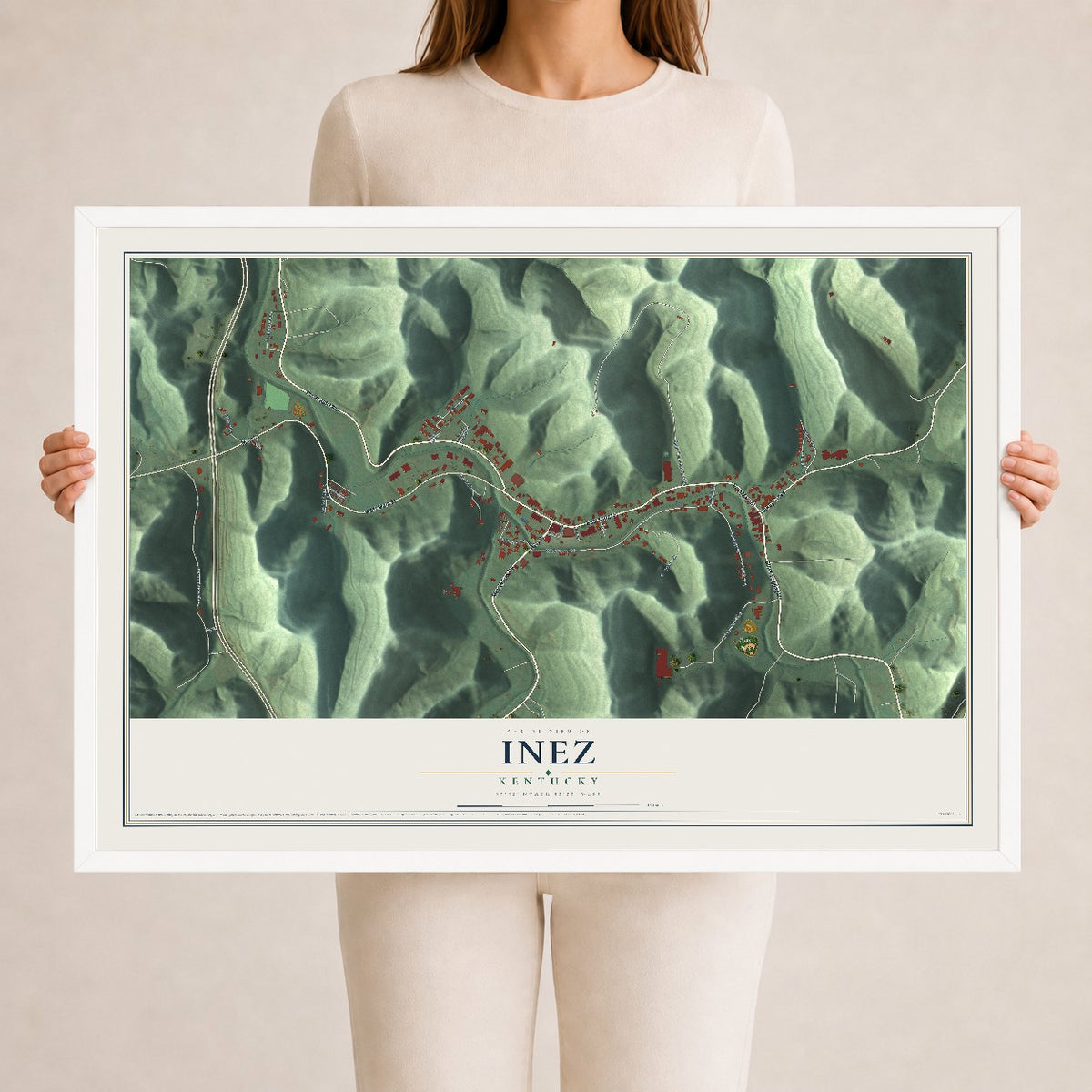 Map of Inez, Kentucky, 24 x 36 inch print in a white wood frame