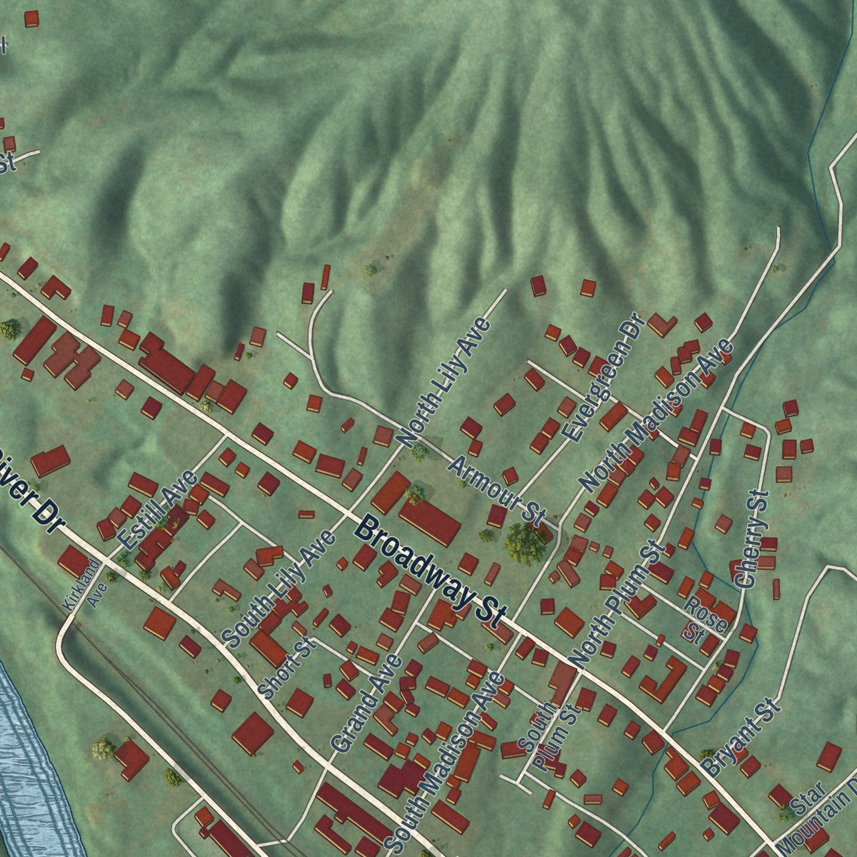 Second close-up of the map of Irvine, Kentucky print showing more streets and buildings