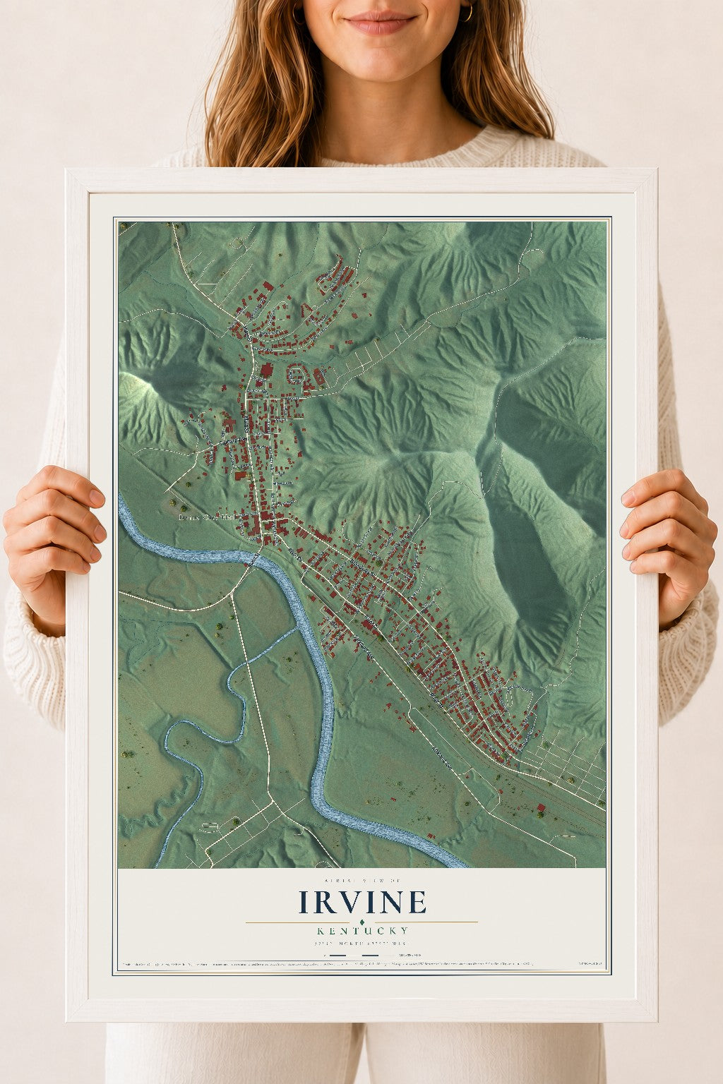 Map of Irvine, Kentucky, 18 x 24 inch print in a white wood frame