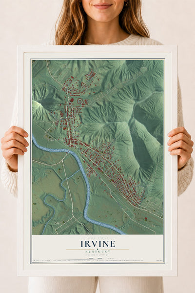Map of Irvine, Kentucky, 18 x 24 inch print in a white wood frame