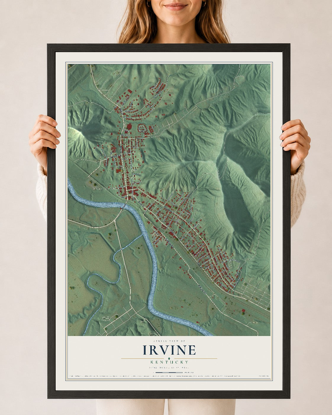 Map of Irvine, Kentucky, 24 x 36 inch print in a black wood frame