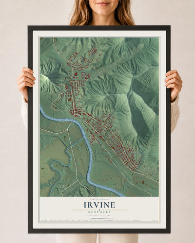 Map of Irvine, Kentucky, 24 x 36 inch print in a black wood frame