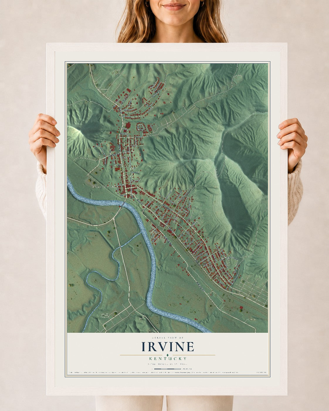 Map of Irvine, Kentucky, 24 x 36 inch print in a white wood frame