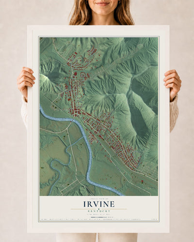 Map of Irvine, Kentucky, 24 x 36 inch print in a white wood frame