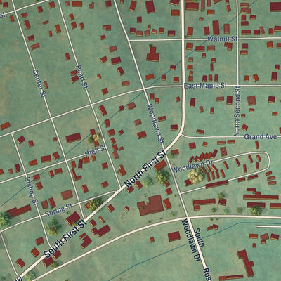 Close-up of the map of Irvington, Kentucky print showing street and building detail