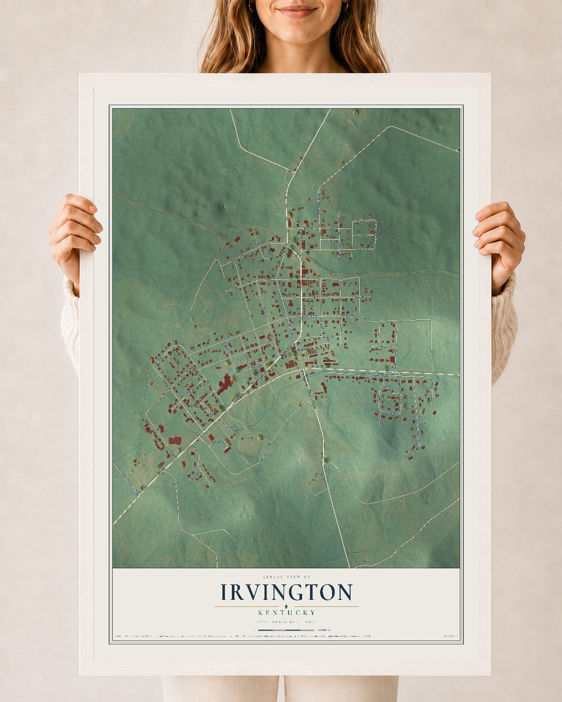 Map of Irvington, Kentucky, 24 x 36 inch print in a white wood frame