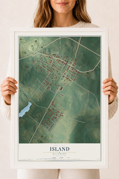 Map of Island, Kentucky, 18 x 24 inch print in a white wood frame
