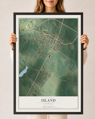 Map of Island, Kentucky, 24 x 36 inch print in a black wood frame