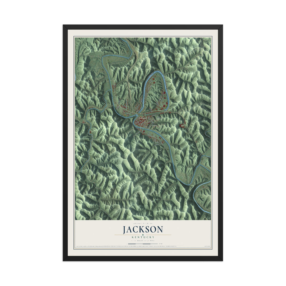 Map of Jackson, Kentucky, 12 x 18 inch print in a black wood frame