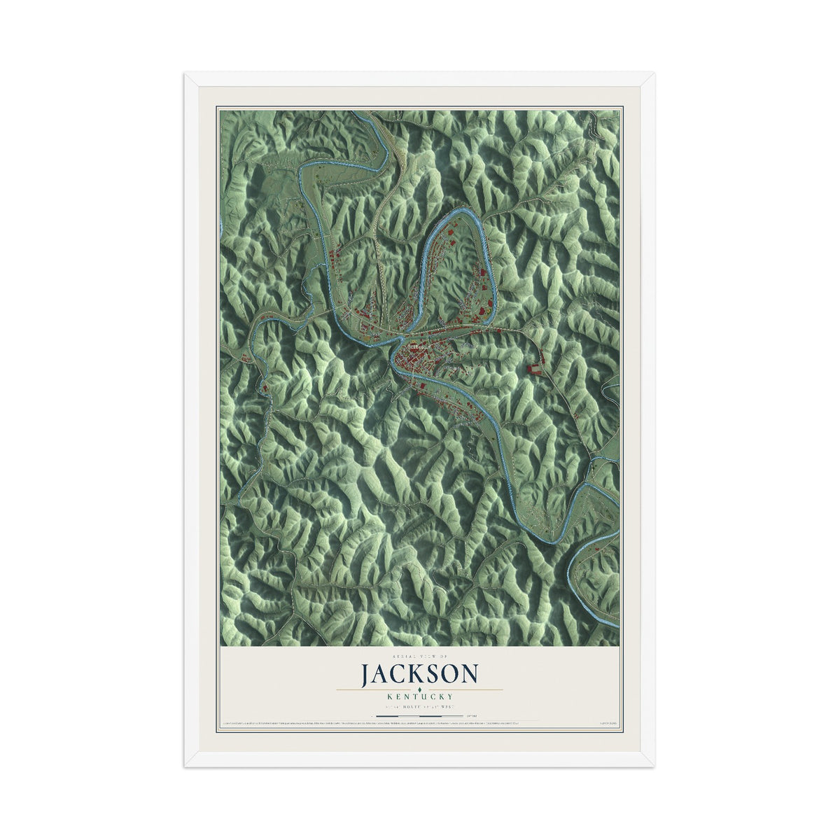 Map of Jackson, Kentucky, 12 x 18 inch print in a white wood frame