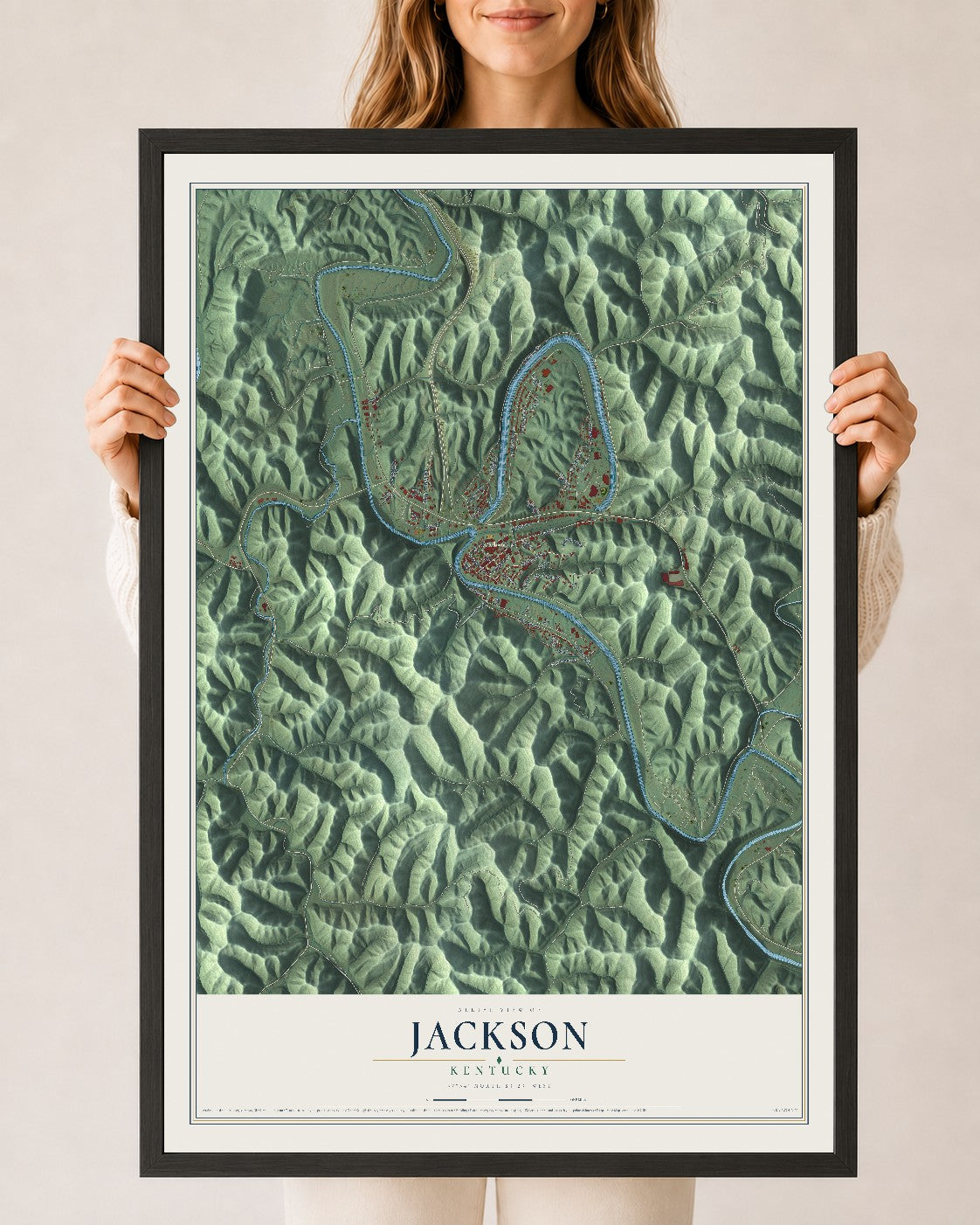 Map of Jackson, Kentucky, 24 x 36 inch print in a black wood frame