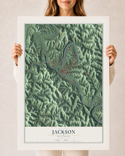 Map of Jackson, Kentucky, 24 x 36 inch print in a white wood frame