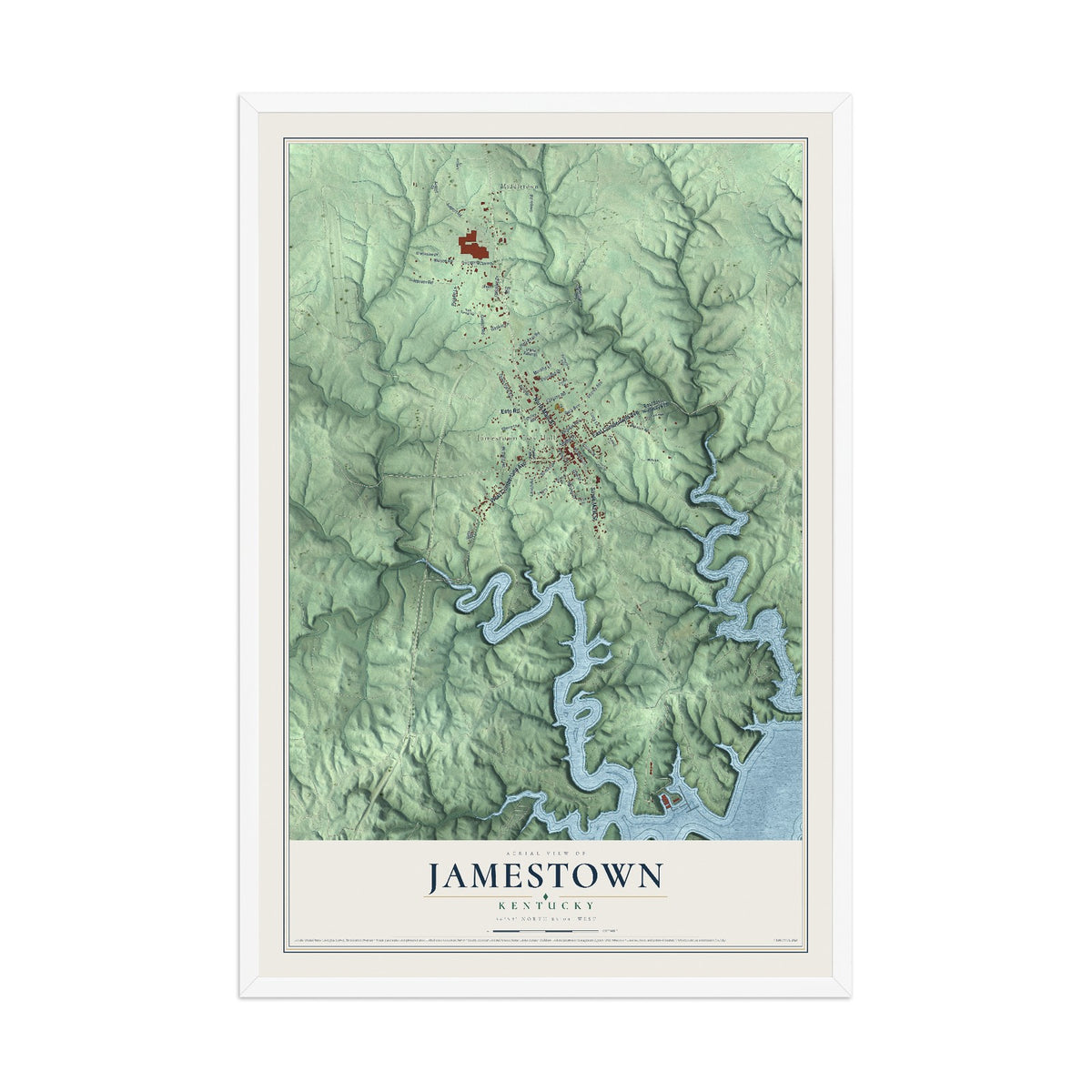 Map of Jamestown, Kentucky, 12 x 18 inch print in a white wood frame