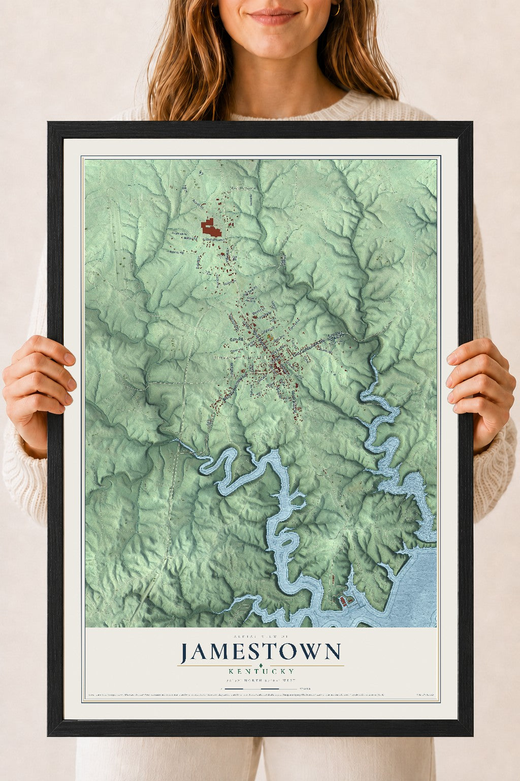 Map of Jamestown, Kentucky, 18 x 24 inch print in a black wood frame