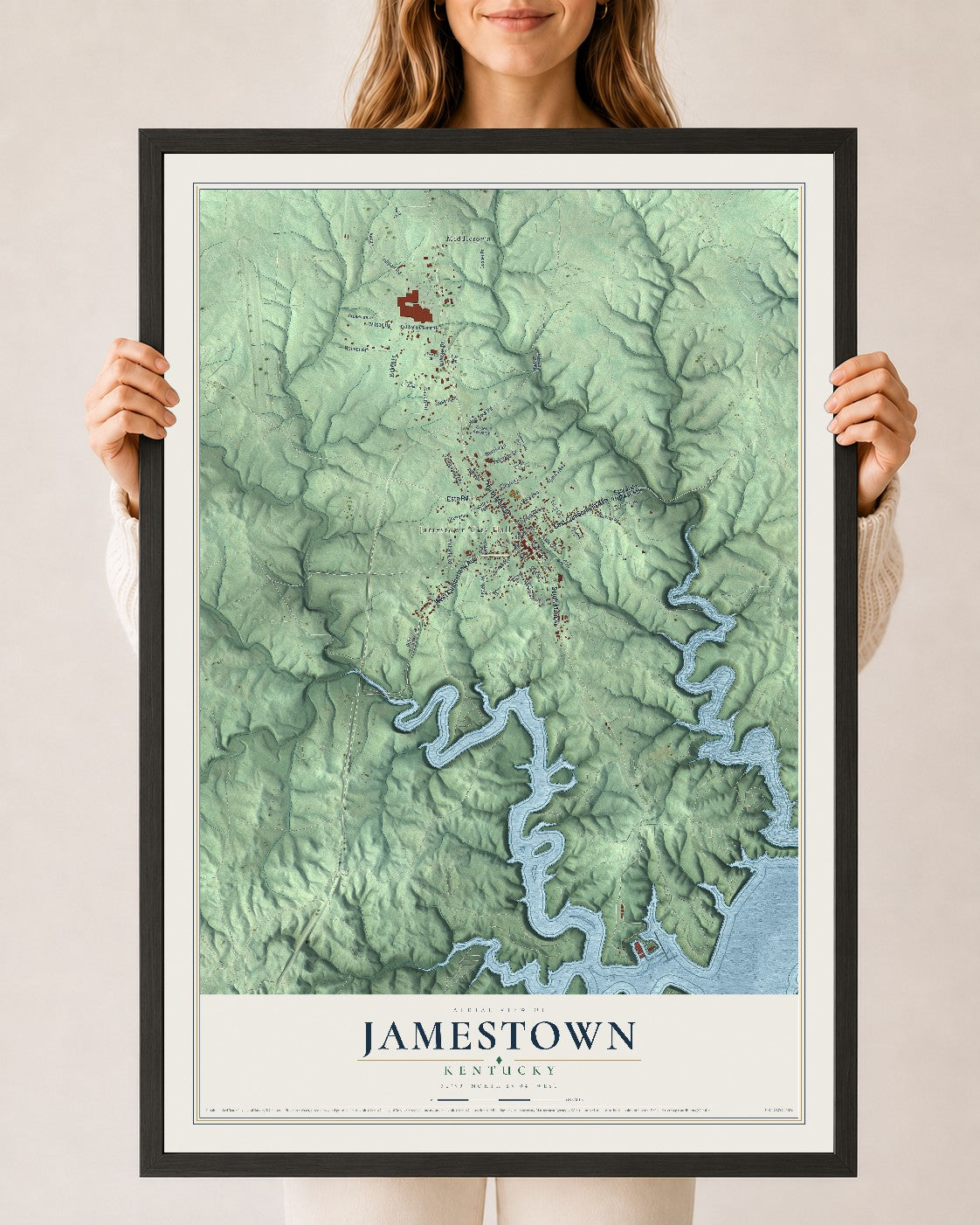 Map of Jamestown, Kentucky, 24 x 36 inch print in a black wood frame