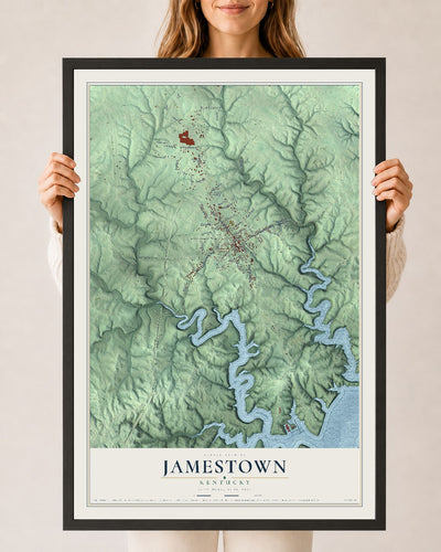 Map of Jamestown, Kentucky, 24 x 36 inch print in a black wood frame