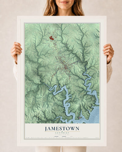 Map of Jamestown, Kentucky, 24 x 36 inch print in a white wood frame