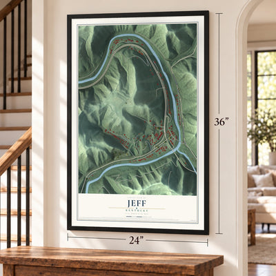 Jeff, Kentucky map, 24 x 36 inch print in a black frame by a staircase