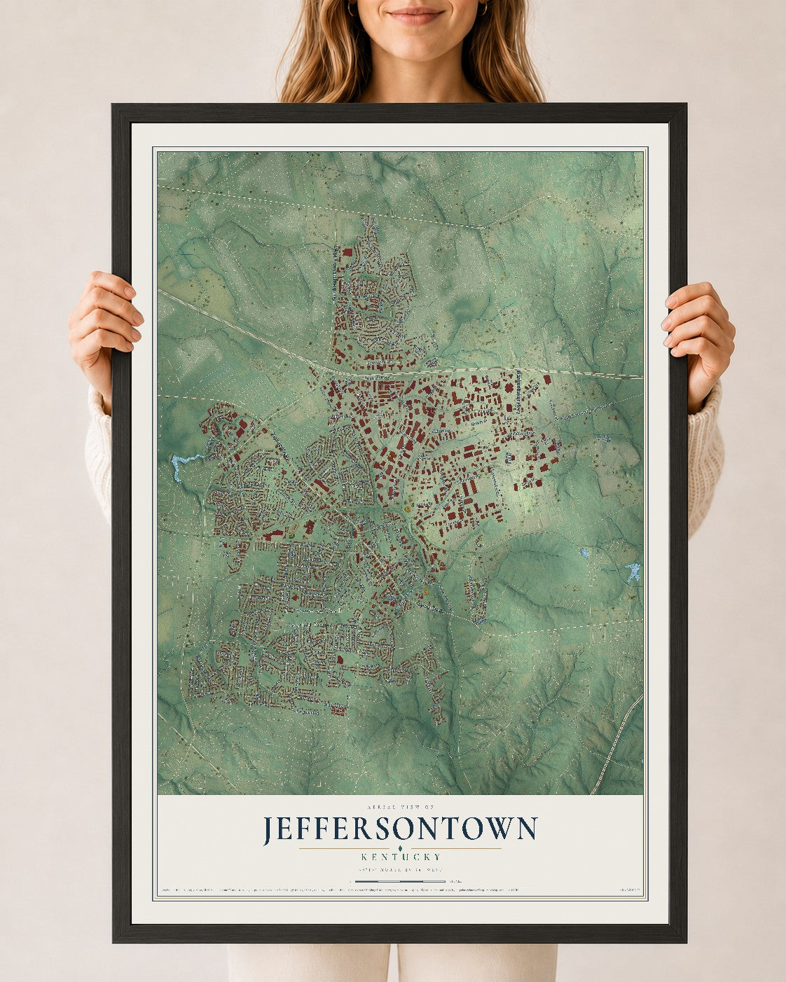 Map of Jeffersontown, Kentucky, 24 x 36 inch print in a black wood frame