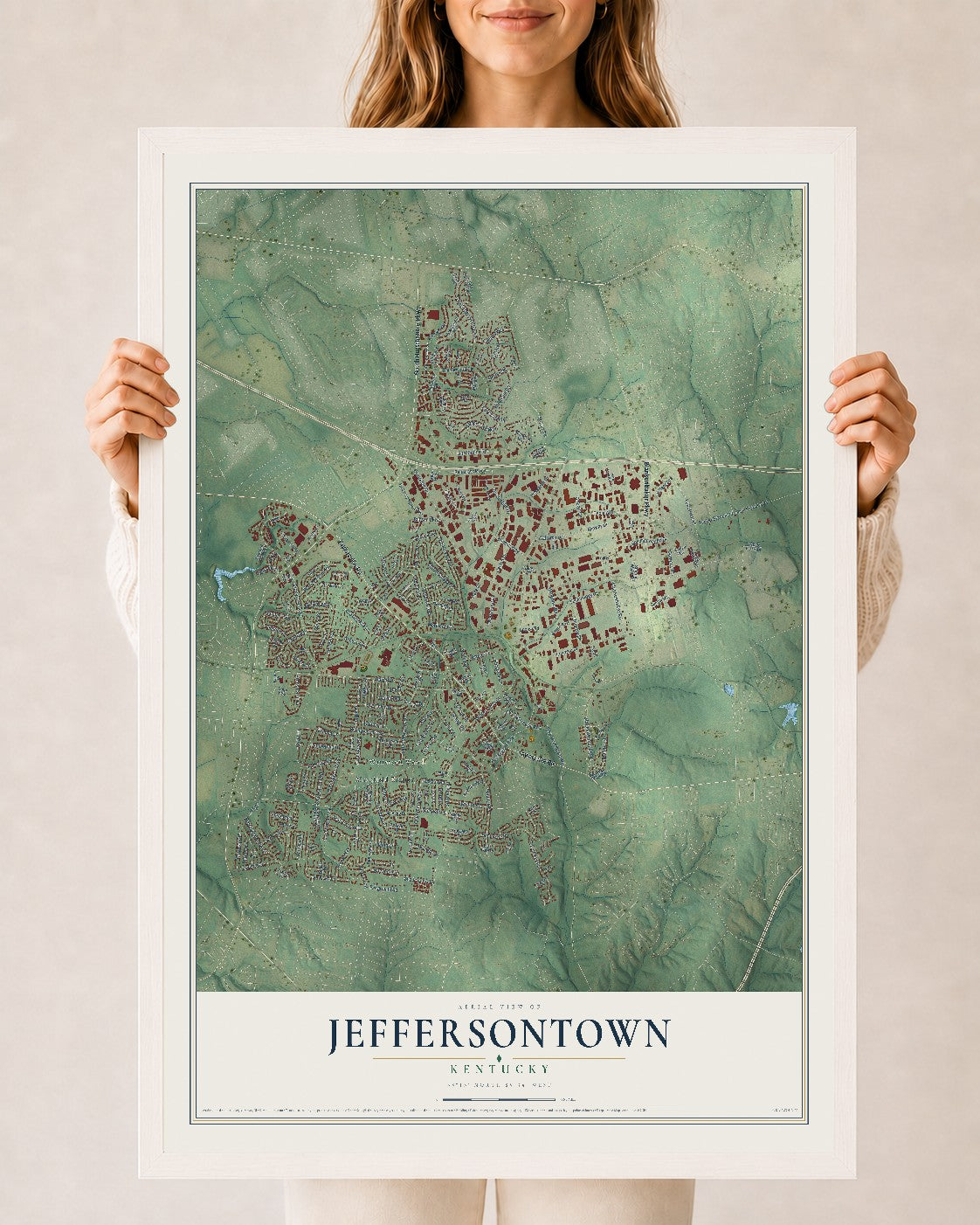 Map of Jeffersontown, Kentucky, 24 x 36 inch print in a white wood frame