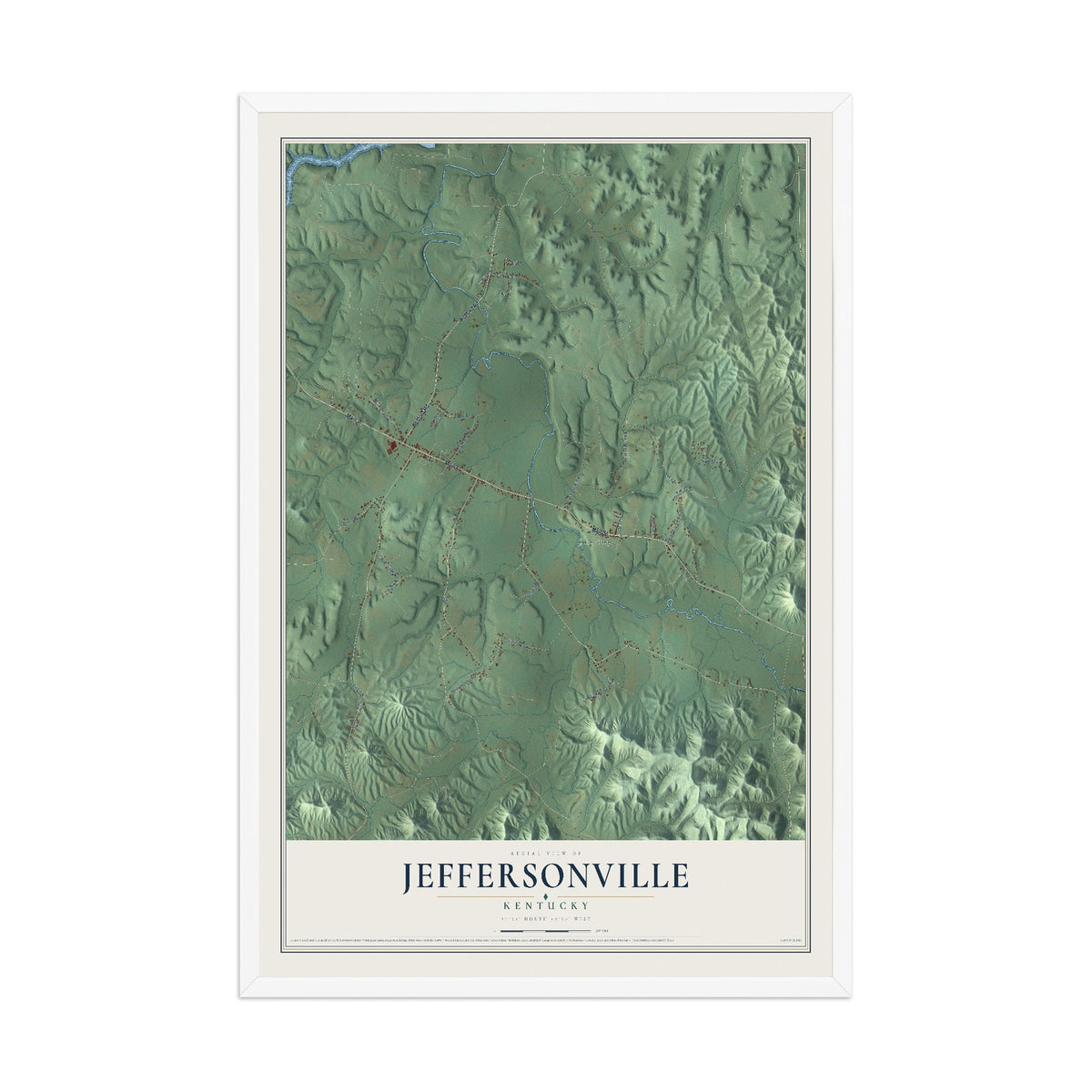 Map of Jeffersonville, Kentucky, 12 x 18 inch print in a white wood frame