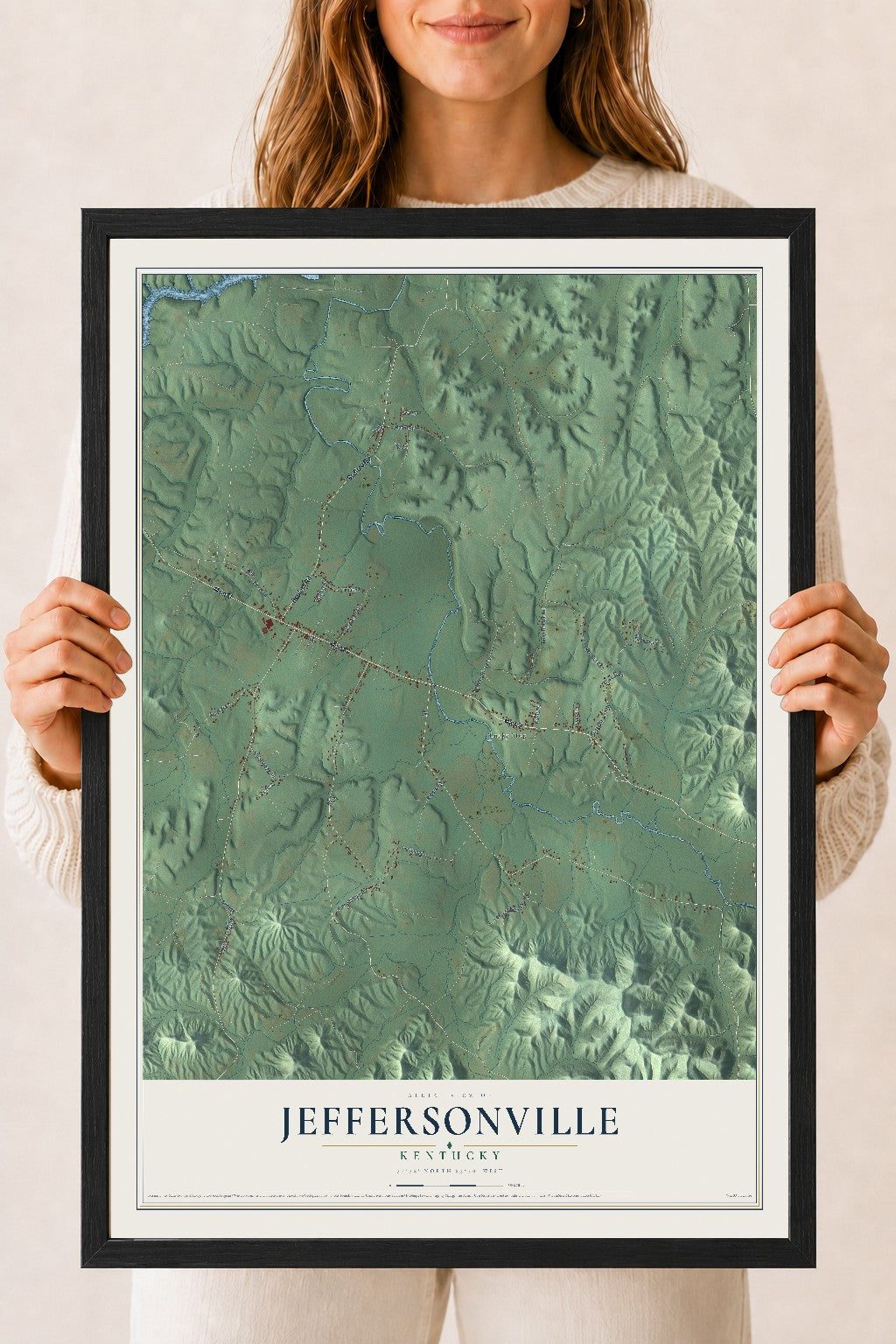 Map of Jeffersonville, Kentucky, 18 x 24 inch print in a black wood frame