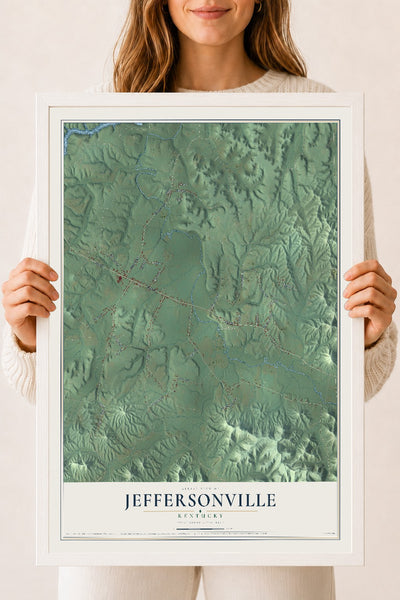 Map of Jeffersonville, Kentucky, 18 x 24 inch print in a white wood frame