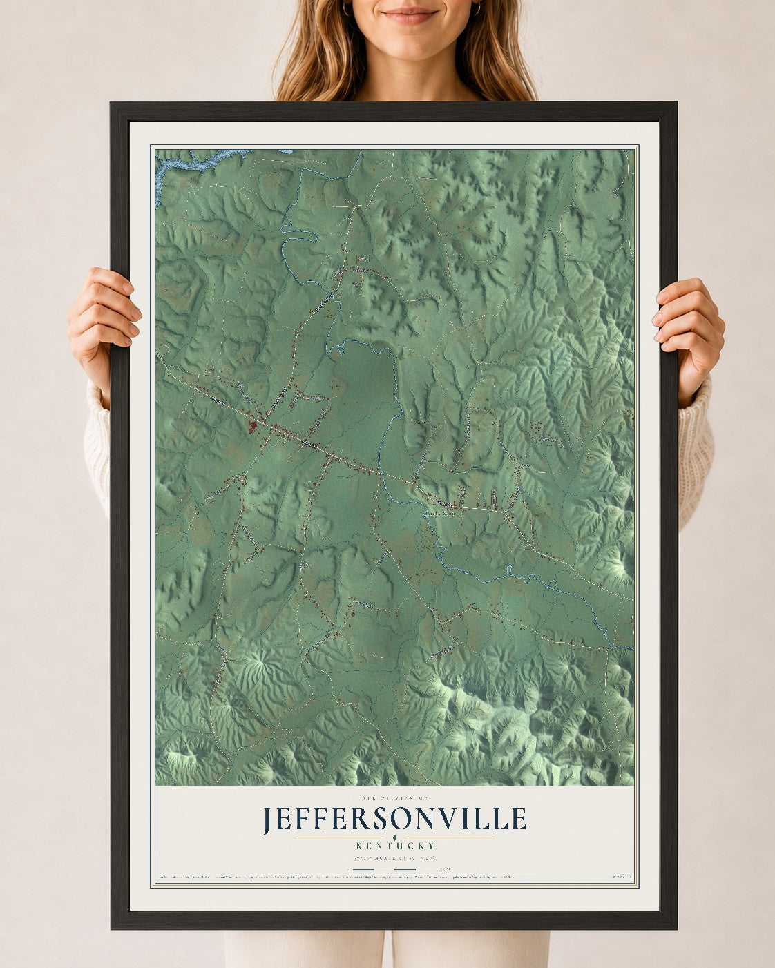 Map of Jeffersonville, Kentucky, 24 x 36 inch print in a black wood frame